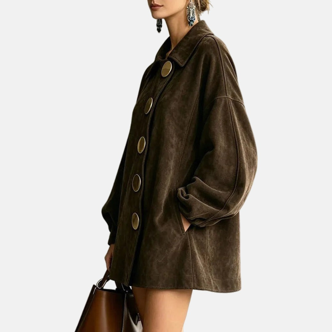 Amelia – Faux Suede Coat with Gold Buttons