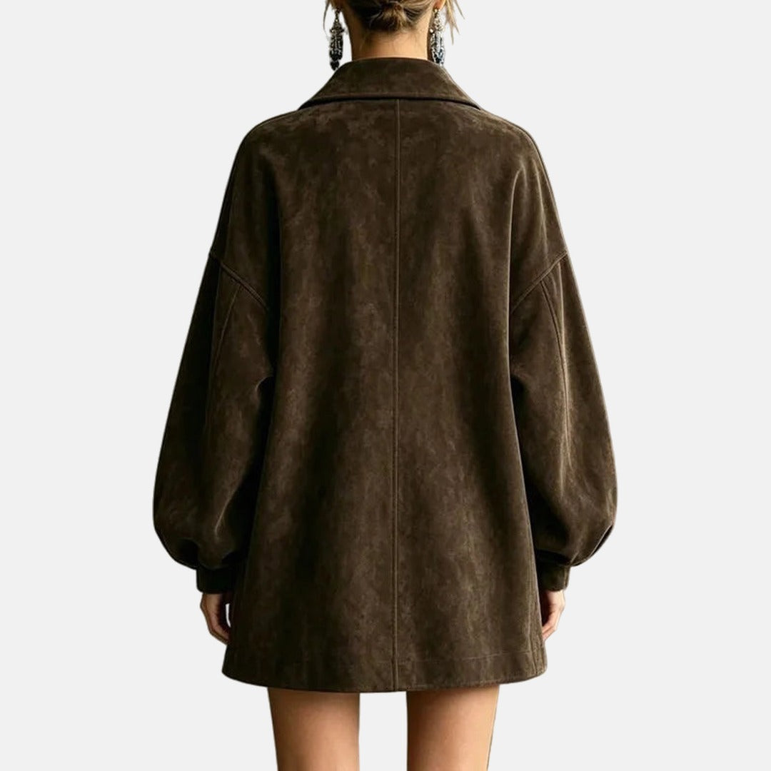 Amelia – Faux Suede Coat with Gold Buttons