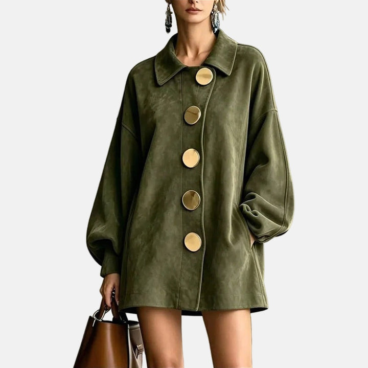 Amelia – Faux Suede Coat with Gold Buttons