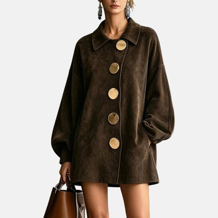 Amelia – Faux Suede Coat with Gold Buttons