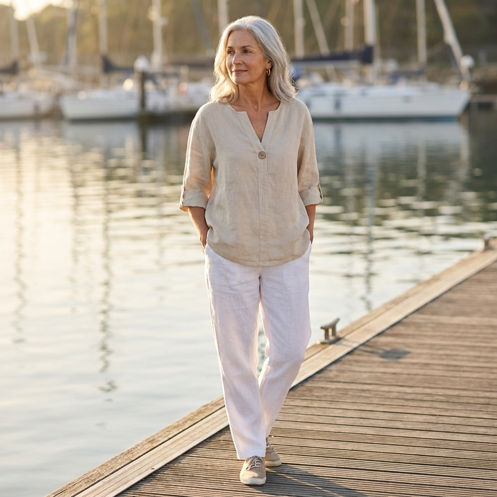 Linen Blouse with V-Neck and Roll Tab Sleeves
