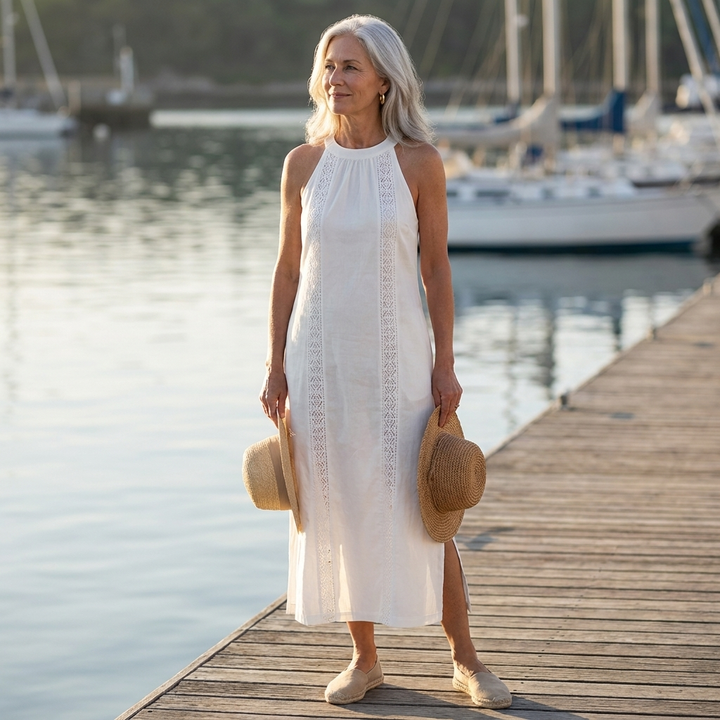 Jimena | Linen Midi Dress with Mao Collar