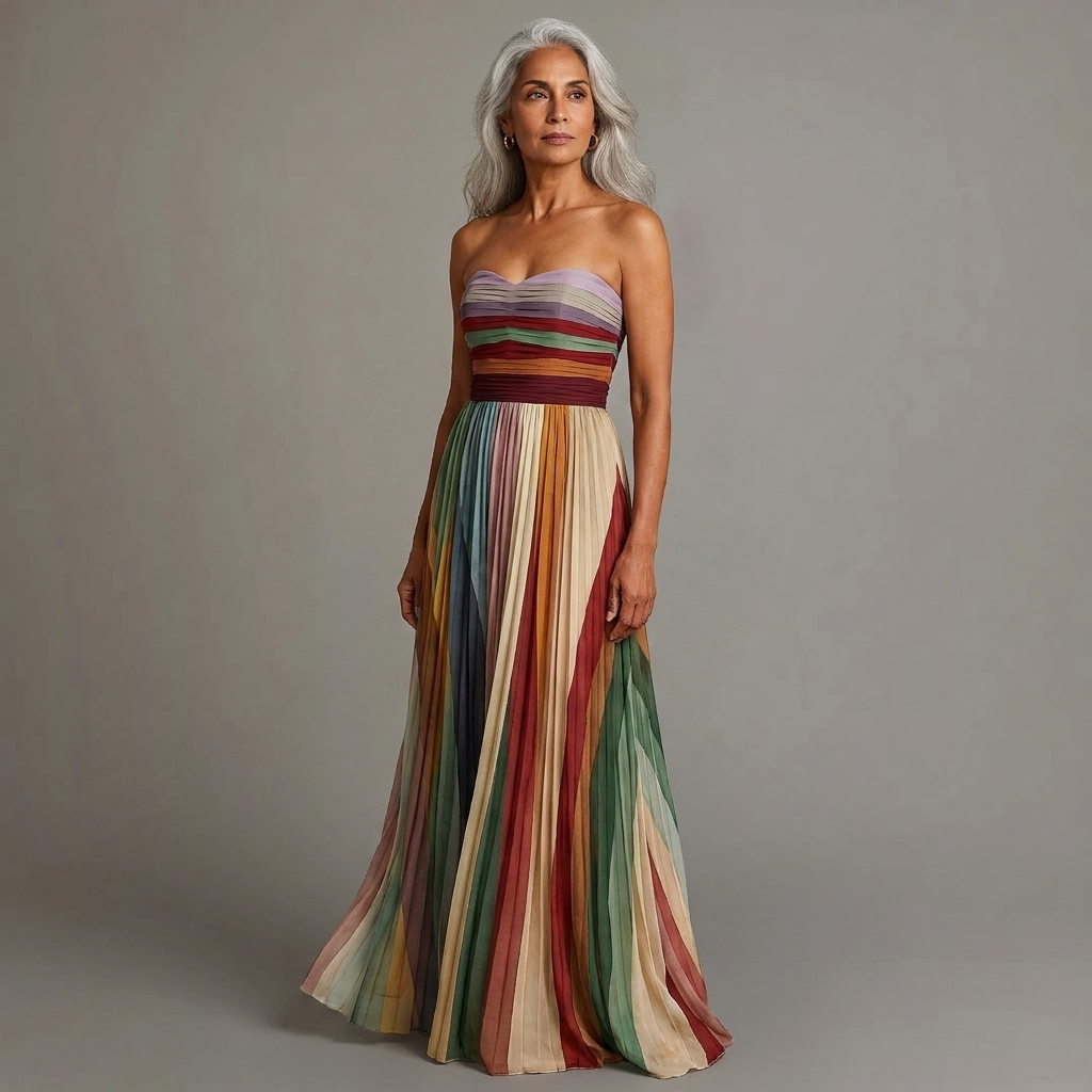 Judith™ | Women's Strapless Colorful Pleated Summer Maxi Dress Strapless