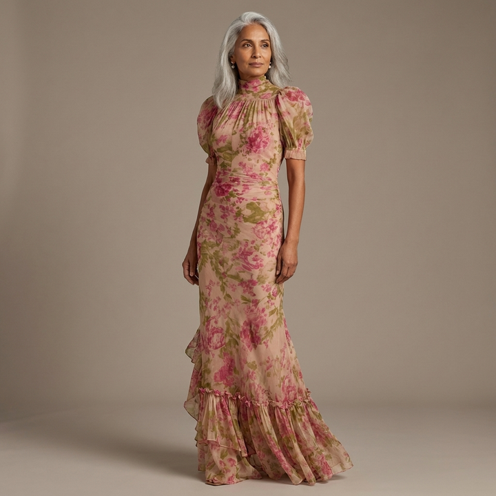 Jill | Vintage Rose Maxi Dress with Puff Sleeves