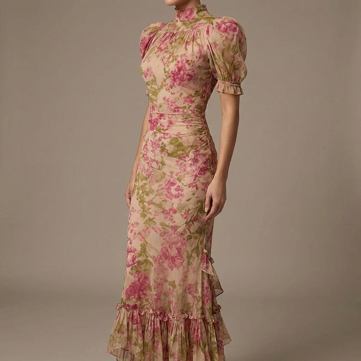 Jill | Vintage Rose Maxi Dress with Puff Sleeves