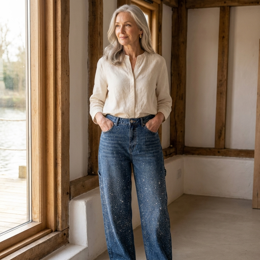 Raphaelle | Trendy Starry Denim Cargo Pants