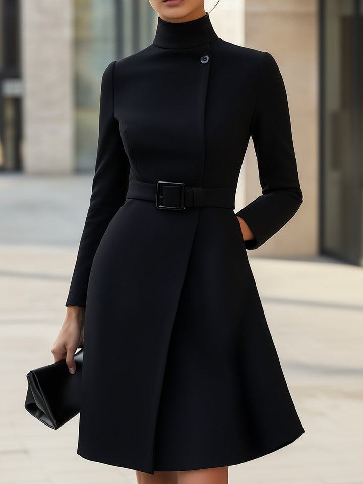 ELEGANT HIGH-NECK BELTED DRESS