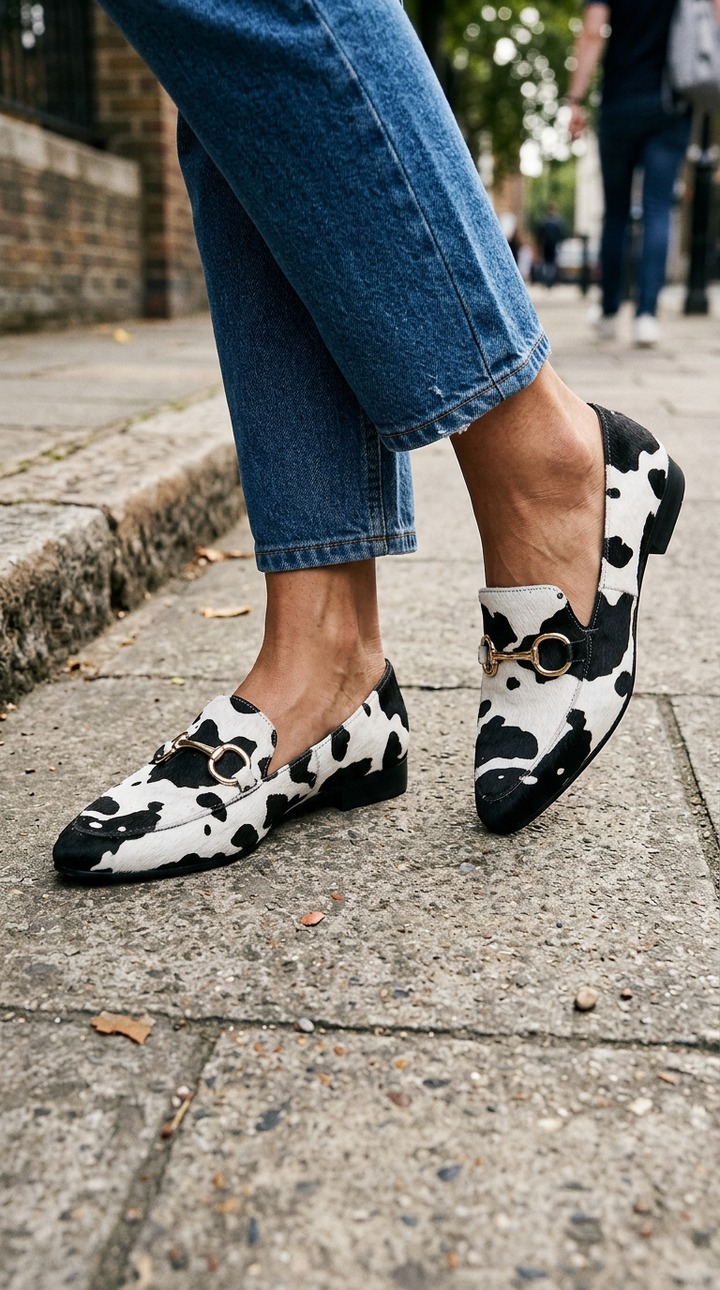 Flat Moccasin in White and Black Animal Print