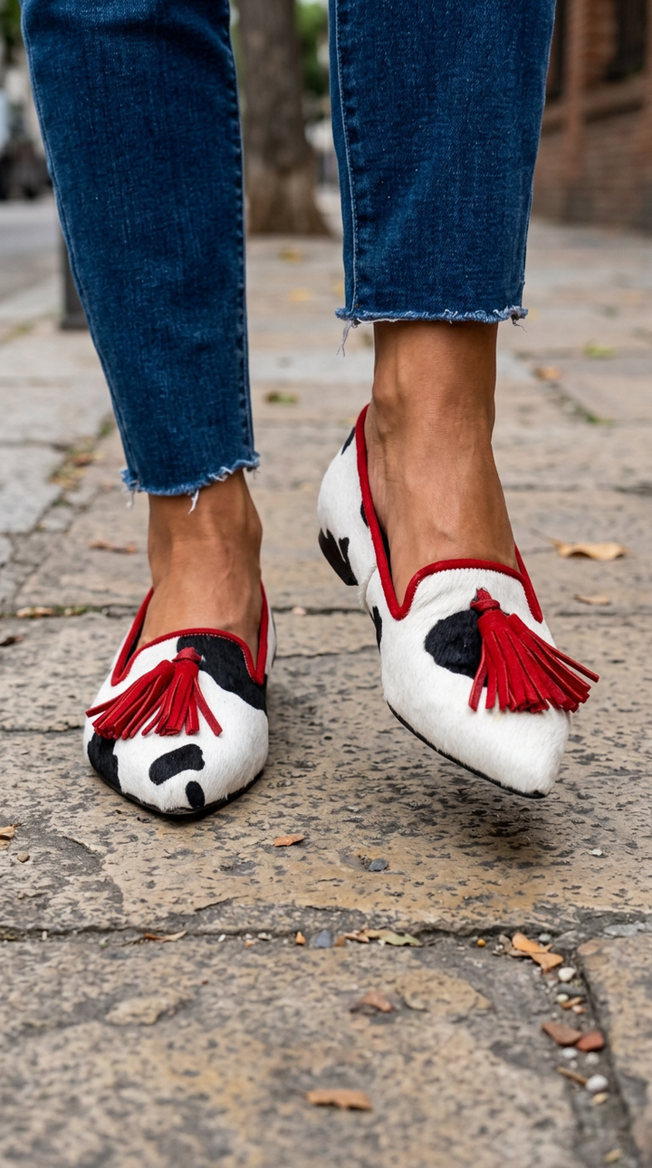 Ginevra Moccasin — Black and White Cow Print, Red Tassels