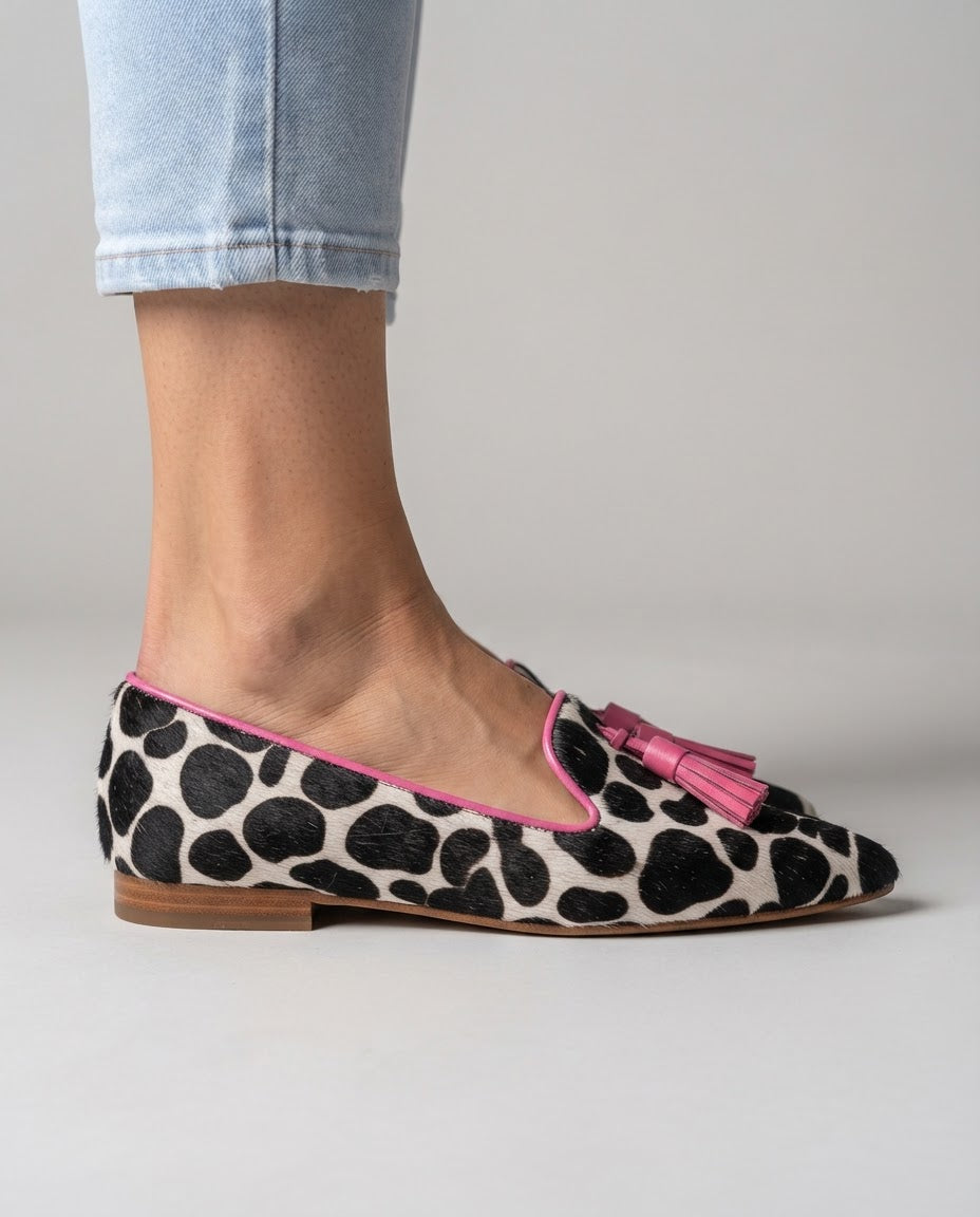 Ginevra Loafers — Black and White Cow Print, Pink Tassels