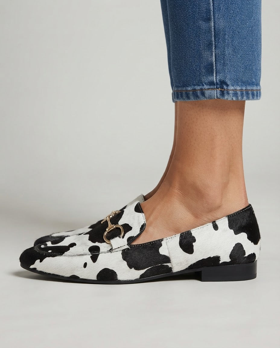 Flat Moccasin in White and Black Animal Print