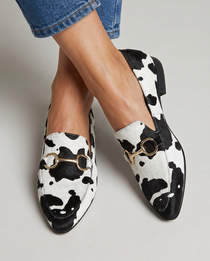 Flat Moccasin in White and Black Animal Print