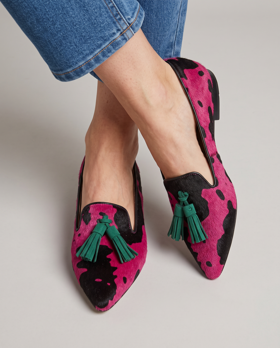 Ginevra Moccasin — Fuchsia Cow, Green Tassels