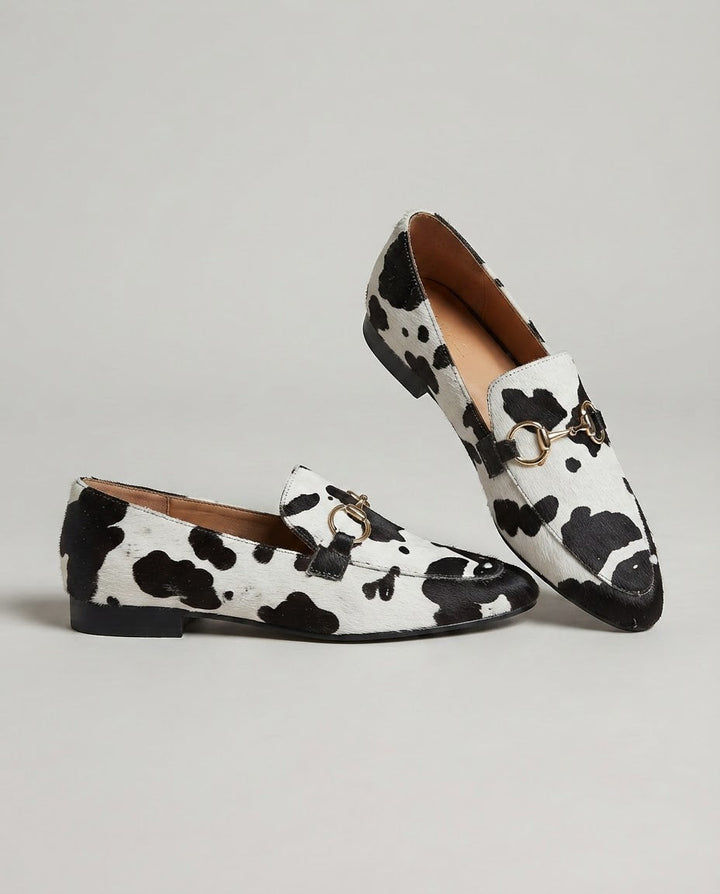 Flat Moccasin in White and Black Animal Print