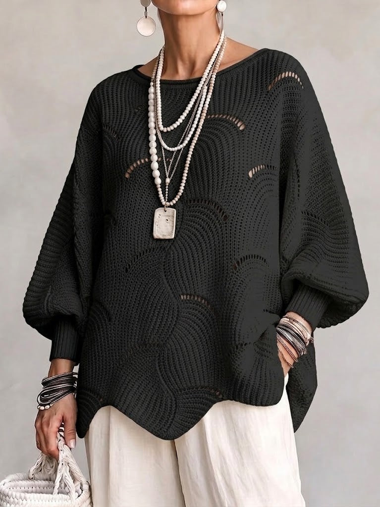 EVE | Women's Open-Knit Batwing Sleeve Pullover Sweater - Black