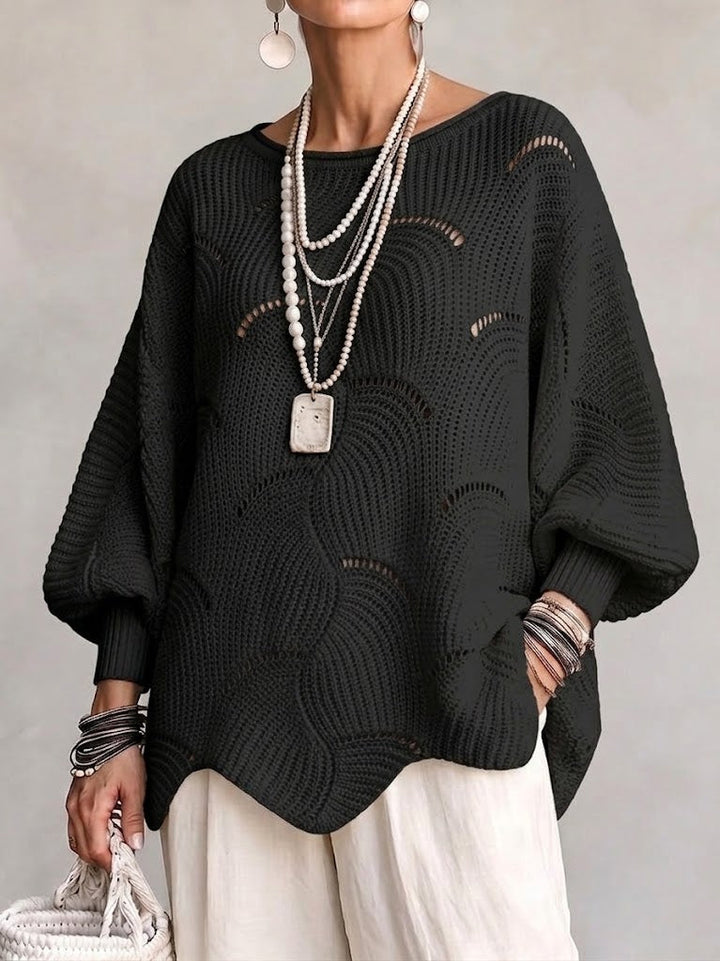 EVE | Women's Open-Knit Batwing Sleeve Pullover Sweater - Black