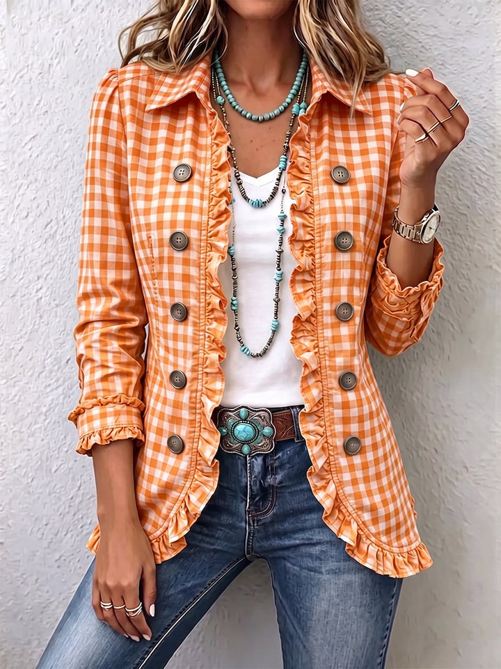Charlene | Gingham Ruffled Button-Down Jacket