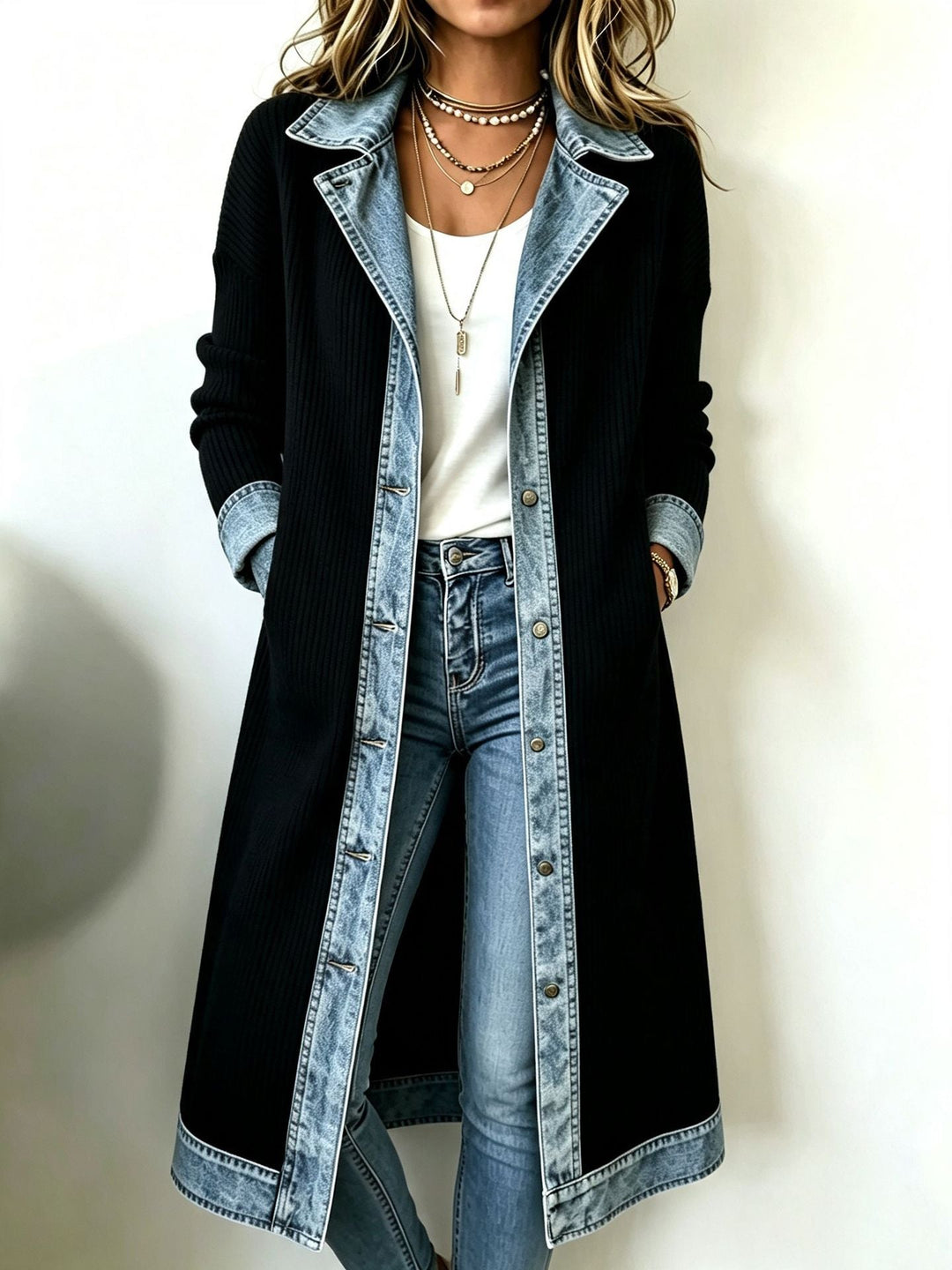 Lydie – Long Cardigan with Denim-Effect Trim