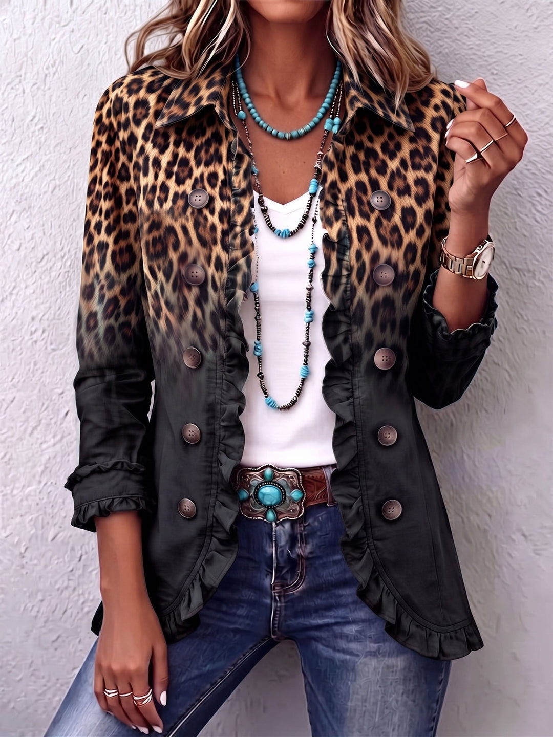 Béatrice – Contrasting Leopard Print Blazer Jacket
