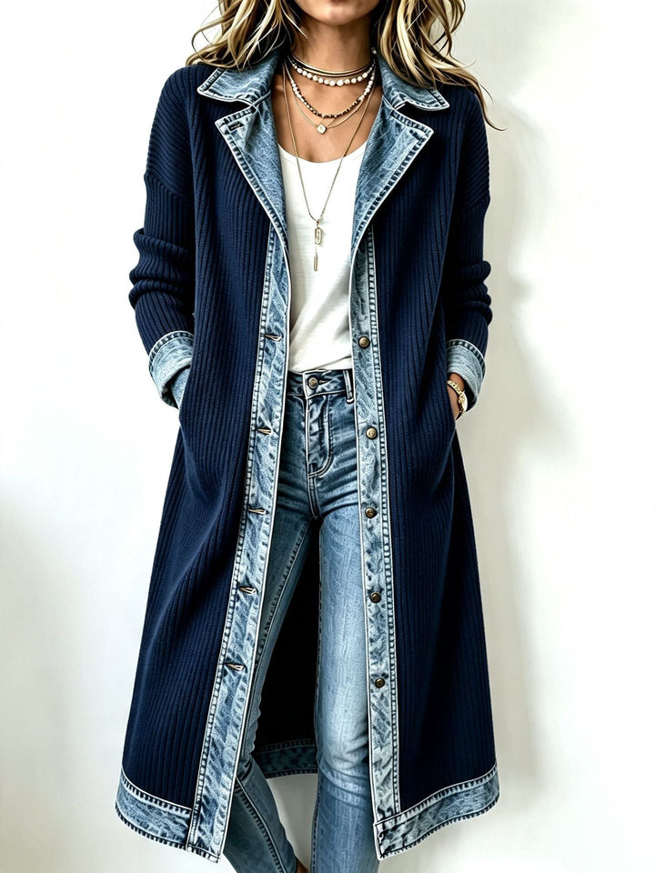 Lydie – Long Cardigan with Denim-Effect Trim