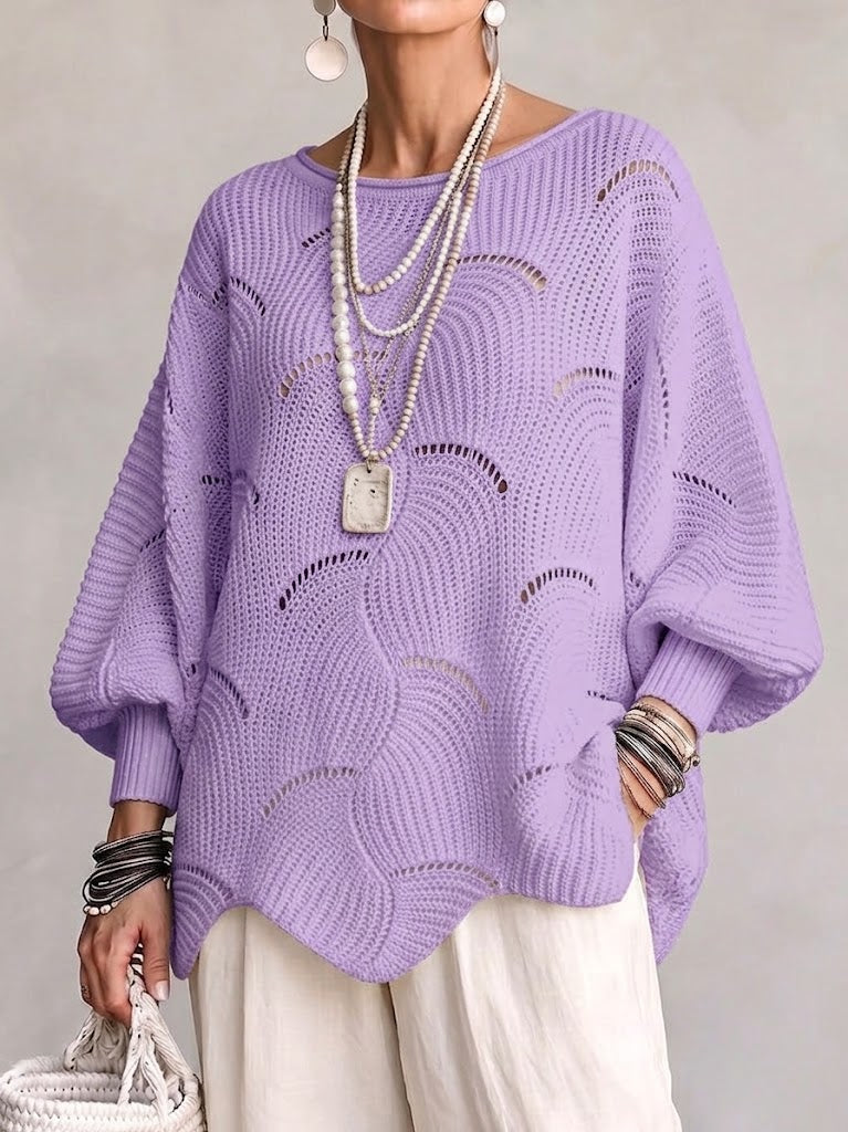 EVE | Women's Open-Knit Batwing Sleeve Pullover Sweater - Purple