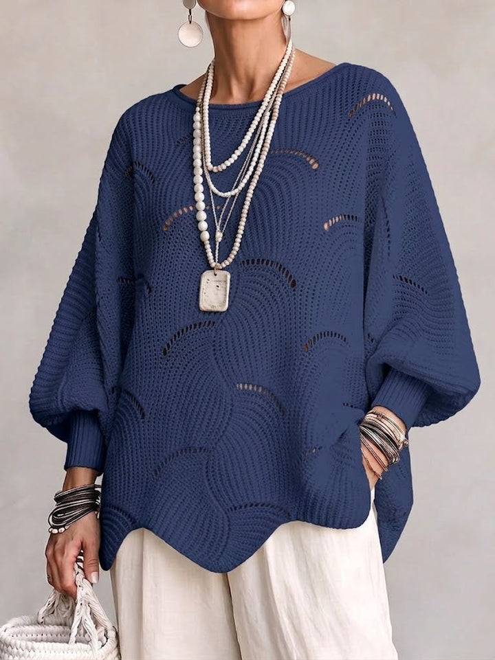 EVE | Women's Open-Knit Batwing Sleeve Pullover Sweater - Navy Blue