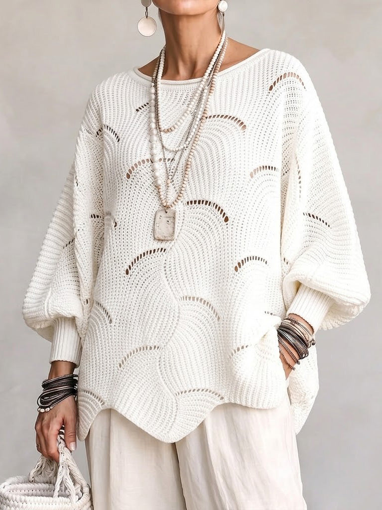 EVE | Women's Open-Knit Batwing Sleeve Pullover Sweater - White