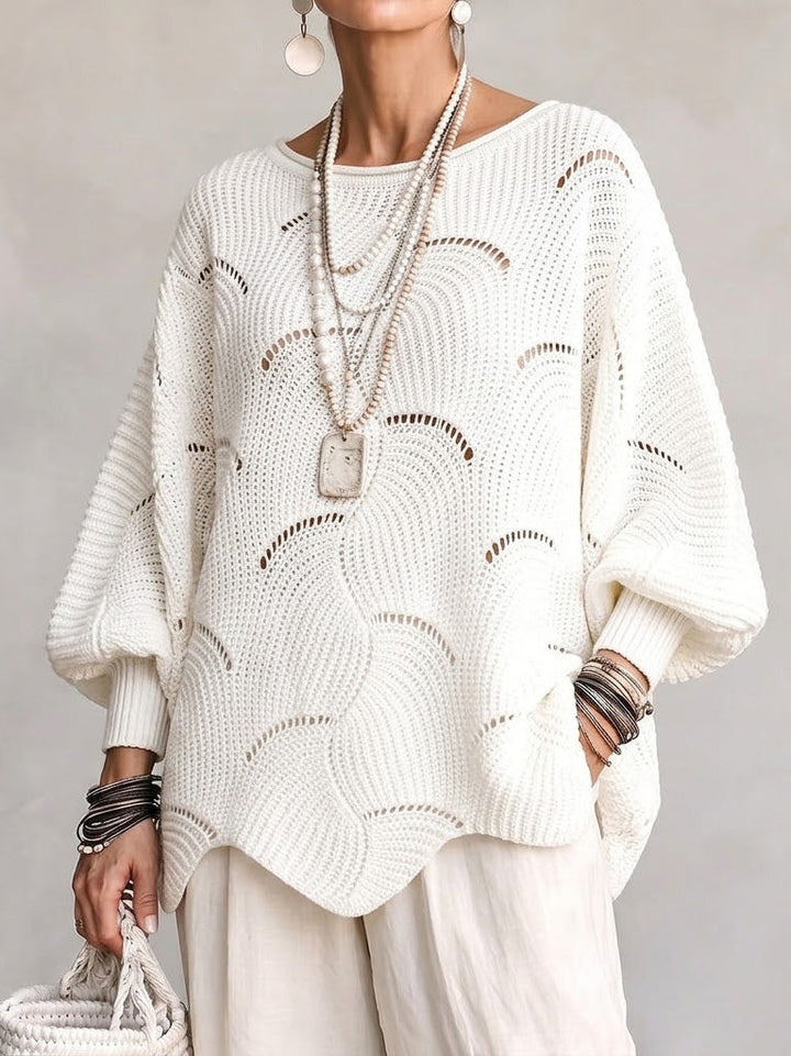 EVE | Women's Open-Knit Batwing Sleeve Pullover Sweater - White