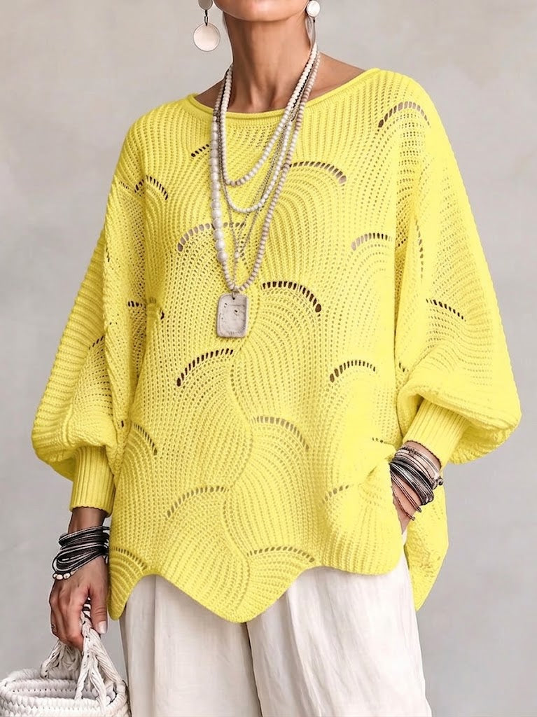EVE | Women's Open-Knit Batwing Sleeve Pullover Sweater - Yellow