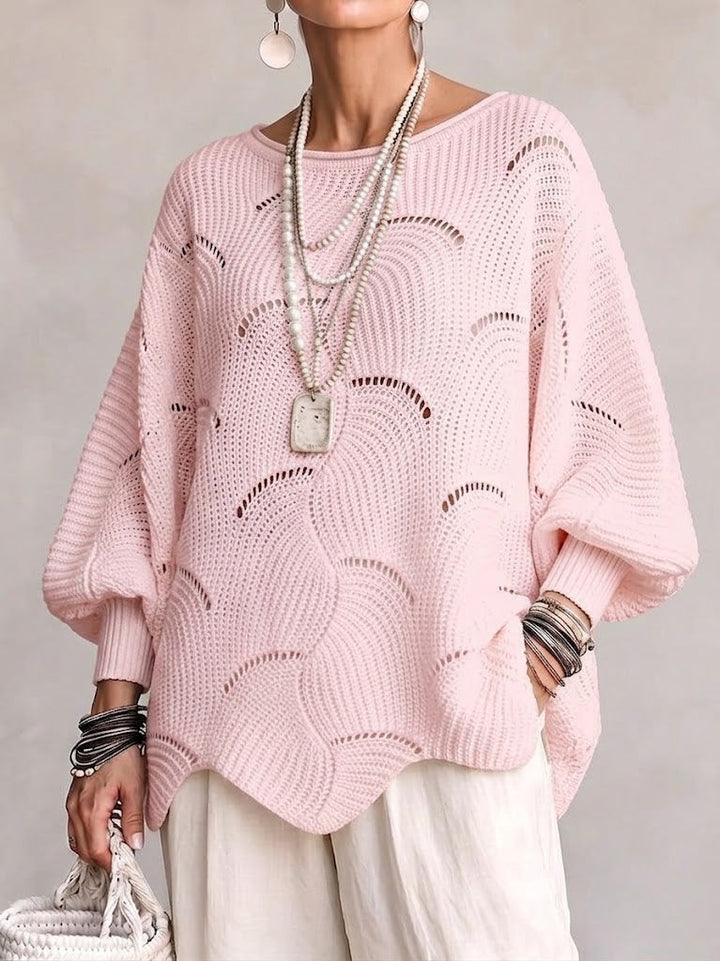EVE | Women's Open-Knit Batwing Sleeve Pullover Sweater - Pink