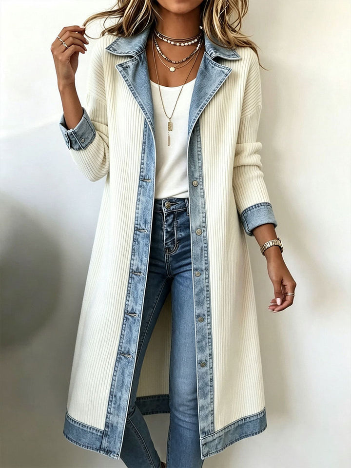 Lydie – Long Cardigan with Denim-Effect Trim