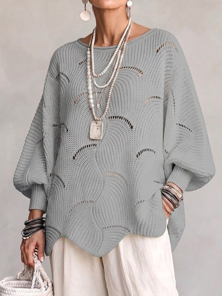 EVE | Women's Open-Knit Batwing Sleeve Pullover Sweater - Gray
