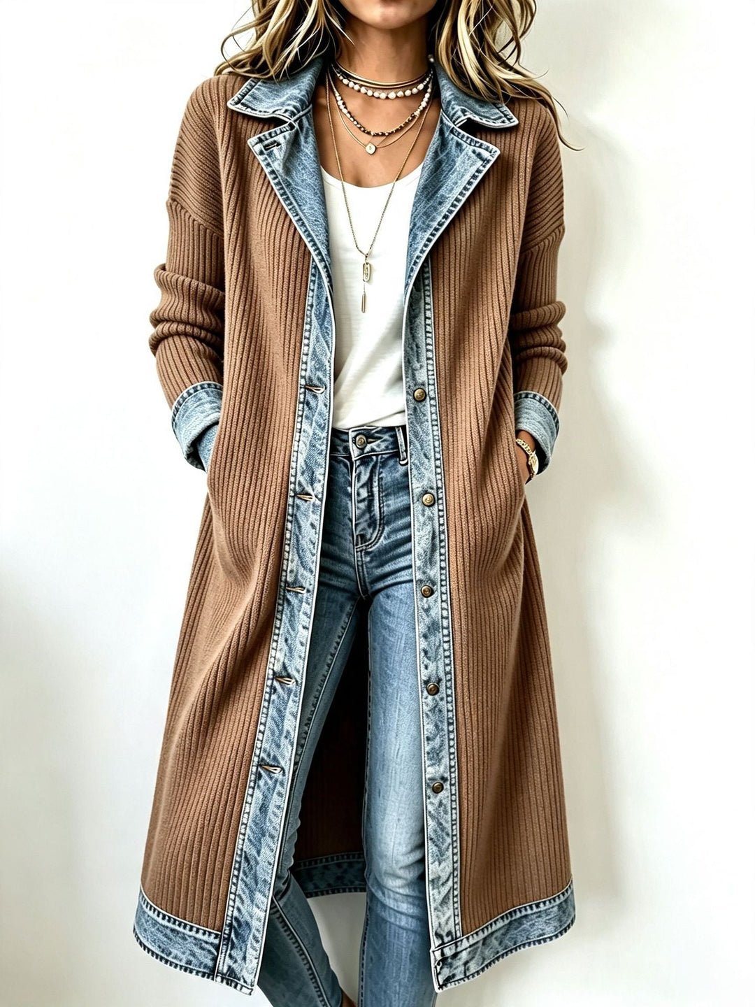 Lydie – Long Cardigan with Denim-Effect Trim