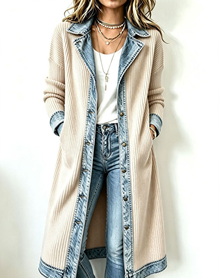 Lydie – Long Cardigan with Denim-Effect Trim