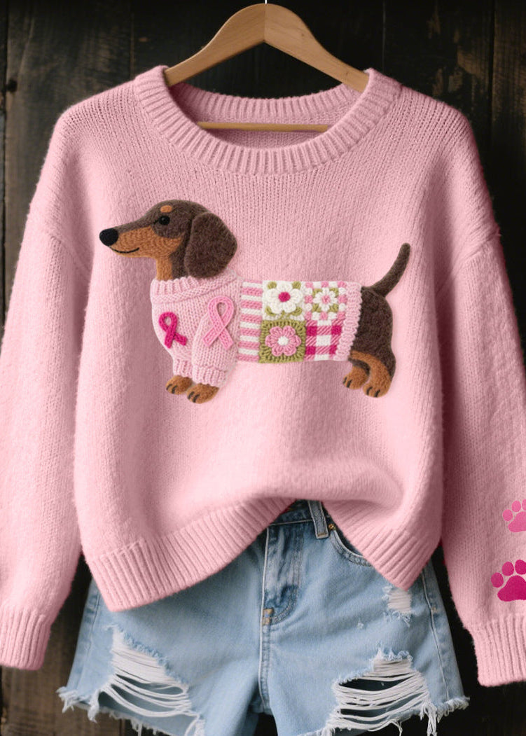 NINA | Embroidered dachshund knit sweater - Light Pink