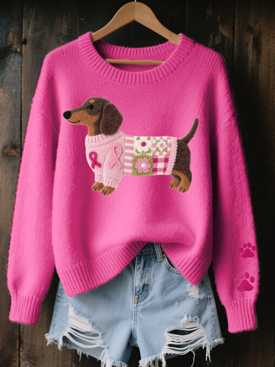 NINA | Embroidered dachshund knit sweater - Pink