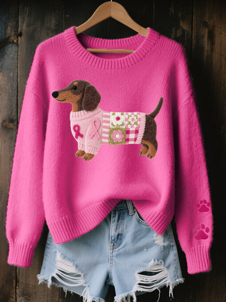 NINA | Embroidered dachshund knit sweater - Pink