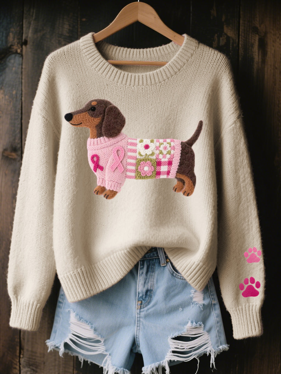 NINA | Embroidered dachshund knit sweater - Beige