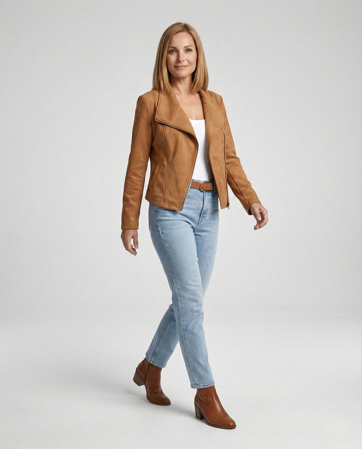 Isabella | Women's Asymmetric-Zip Tailored Faux Suede Biker Leather Jacket