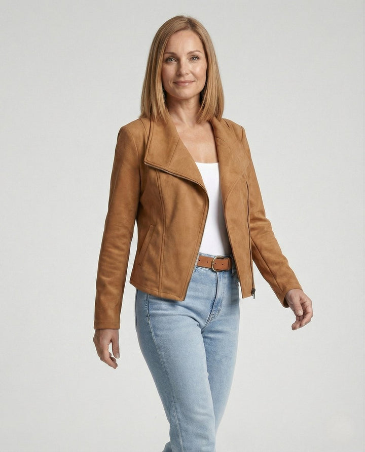 Isabella | Women's Asymmetric-Zip Tailored Faux Suede Biker Leather Jacket