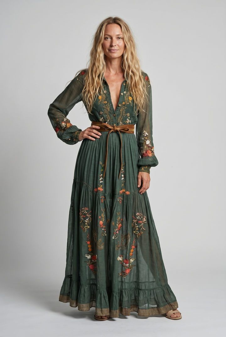 Women's Bohemian Dress | Embroidered V Neck Maxi