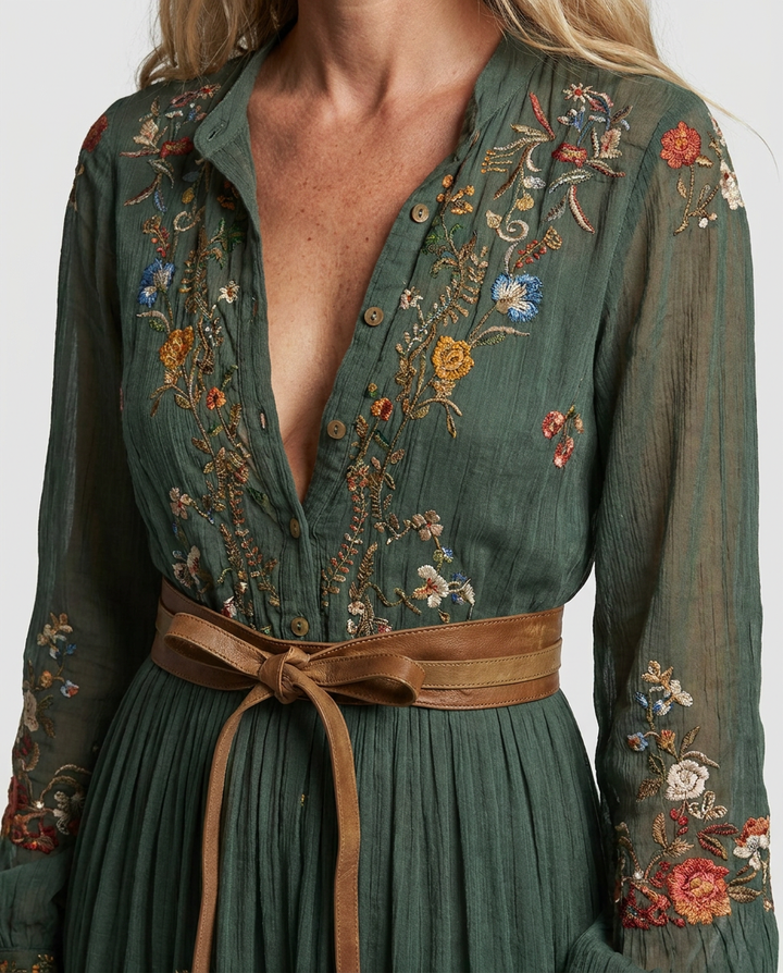 Women's Bohemian Dress | Embroidered V Neck Maxi