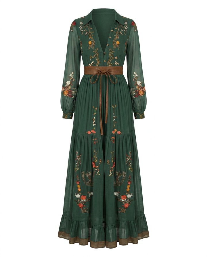 Women's Bohemian Dress | Embroidered V Neck Maxi