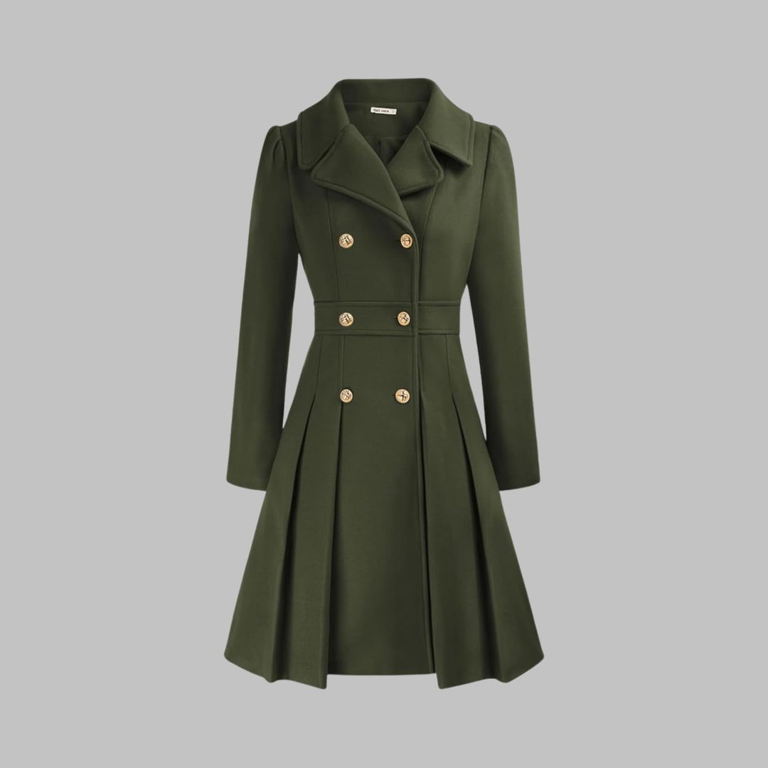 Emma | Women's Coat Double-Breasted Pleated A-Line Long Sleeve Overcoat
