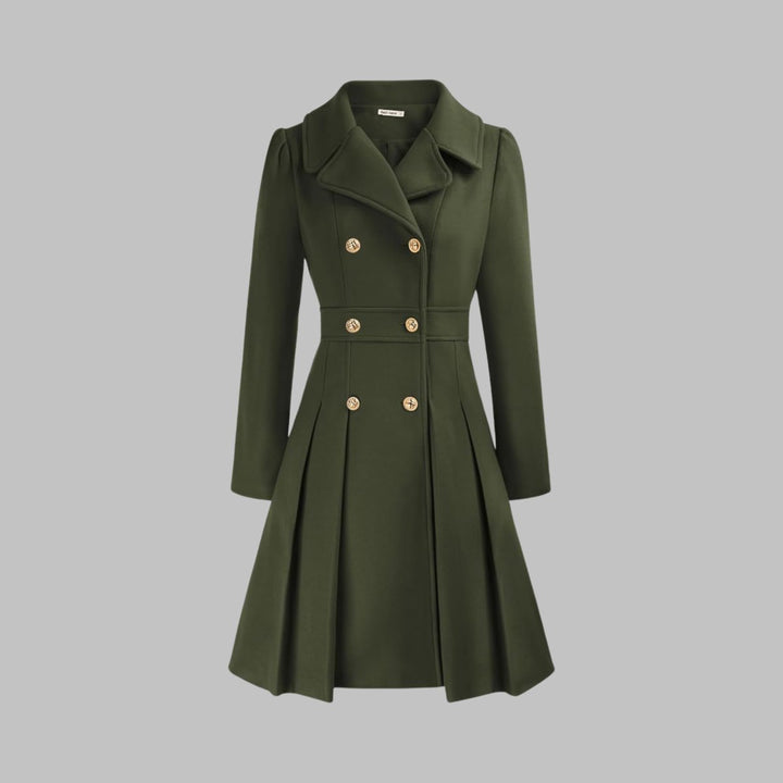 Emma | Women's Coat Double-Breasted Pleated A-Line Long Sleeve Overcoat