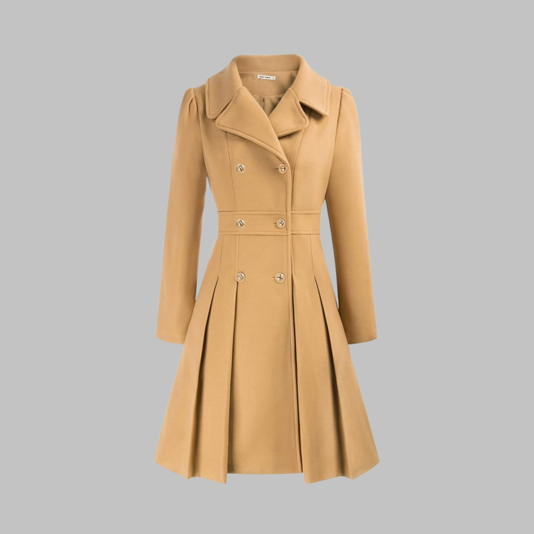 Emma | Women's Coat Double-Breasted Pleated A-Line Long Sleeve Overcoat