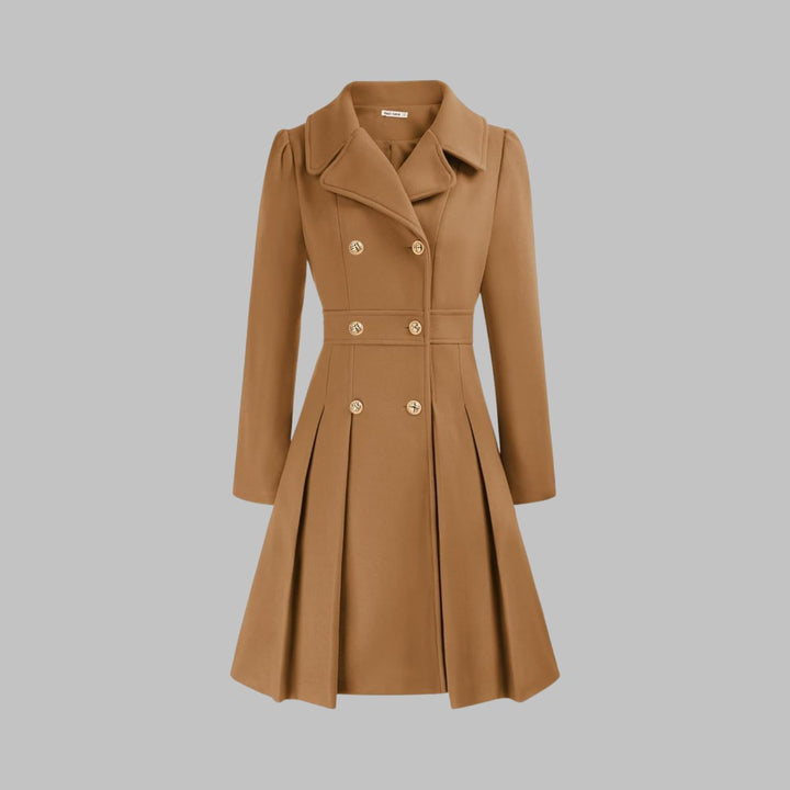Emma | Women's Coat Double-Breasted Pleated A-Line Long Sleeve Overcoat
