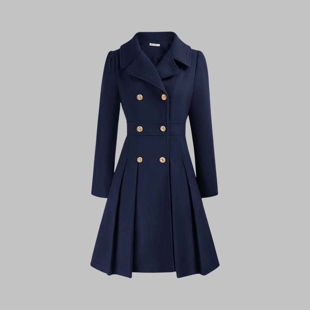 Emma | Women's Coat Double-Breasted Pleated A-Line Long Sleeve Overcoat