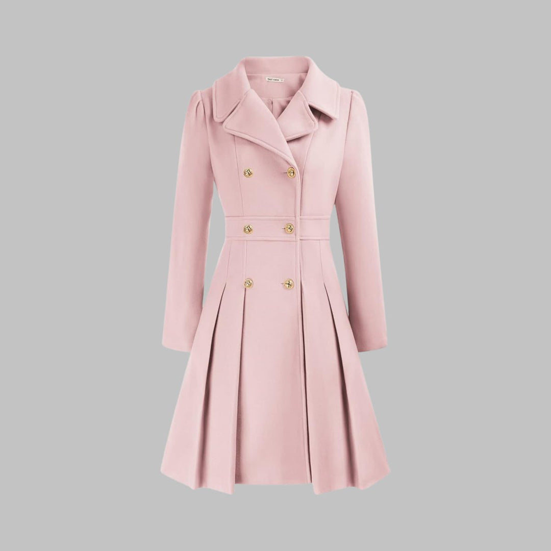 Emma | Women's Coat Double-Breasted Pleated A-Line Long Sleeve Overcoat