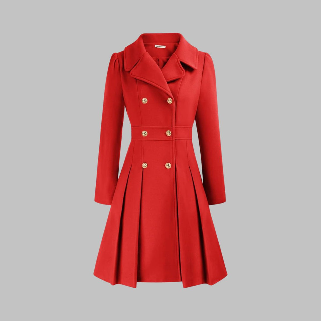 Emma | Women's Coat Double-Breasted Pleated A-Line Long Sleeve Overcoat